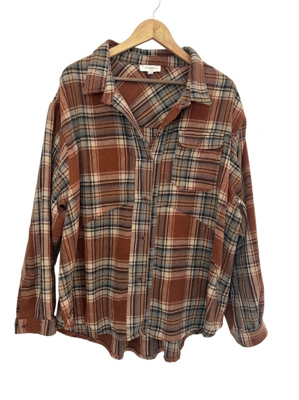 UMGEE Plaid Oversized Flannel Shacket Rust and Brown Button Down Shirt 1XL Boho